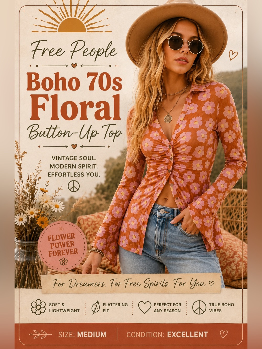 Free people boho 70s Floral Button-Up Women Top